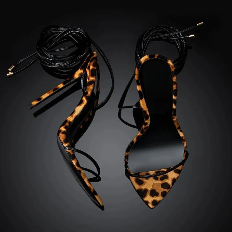 Women's leopard print Roman sandals with pointed toe and buckle ankle strap
