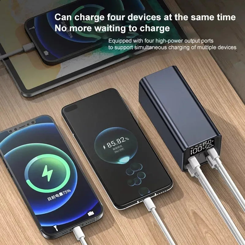 65W laptop charging bank with metal housing in black, blue or grey colours showing dimensions 47.5x104.5x47.5mm