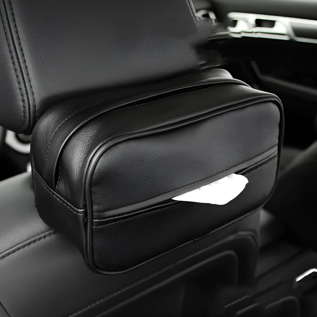 Black PU leather hanging storage box with carrying handle for car and home organisation
