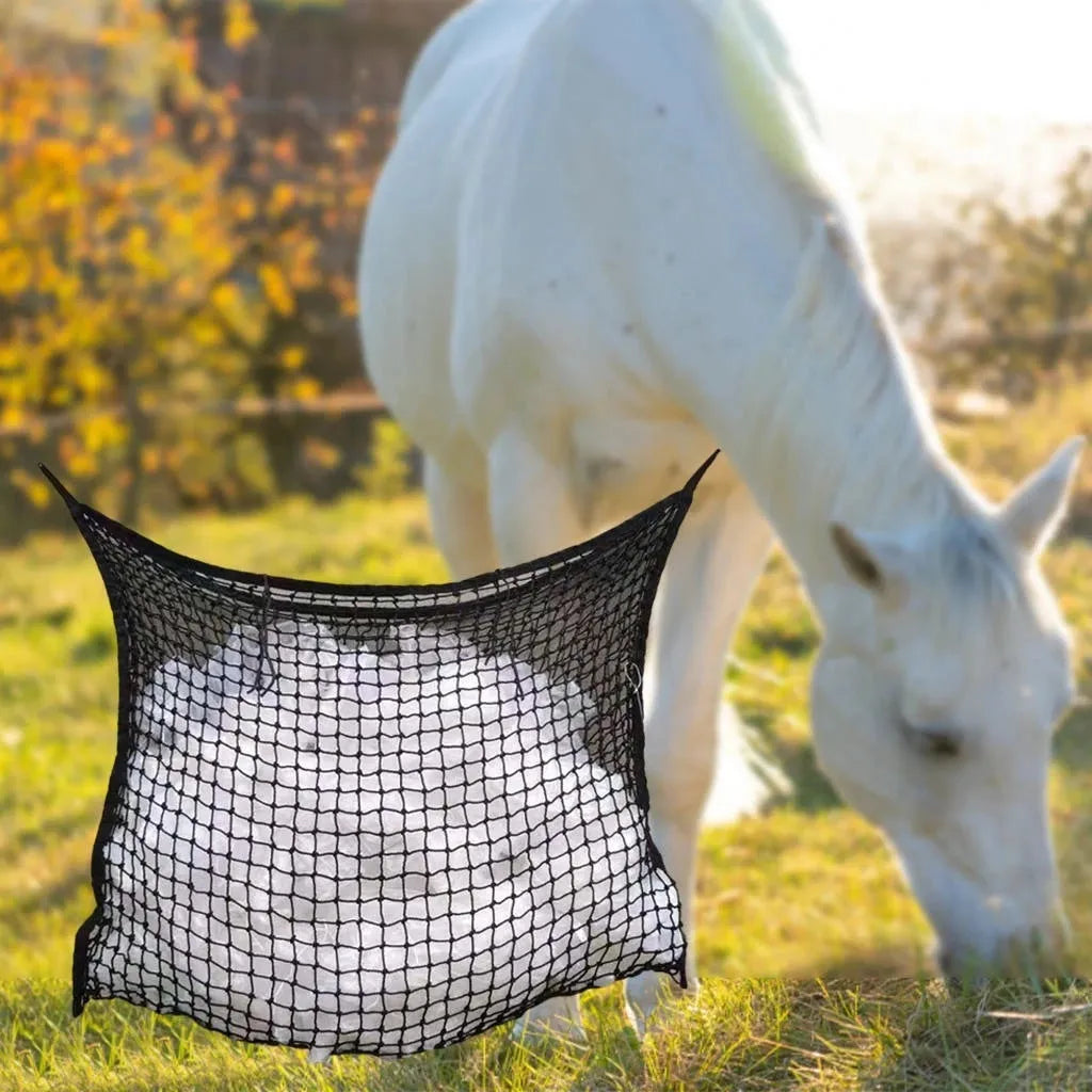 Woven grid hanging feeding bag for horses and livestock in black or white PE rope construction