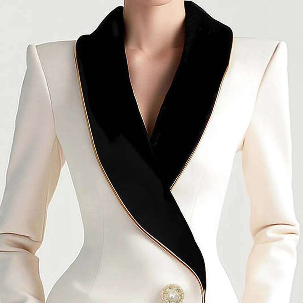Women's beige irregular hem long sleeve coat with pearl button front fastening