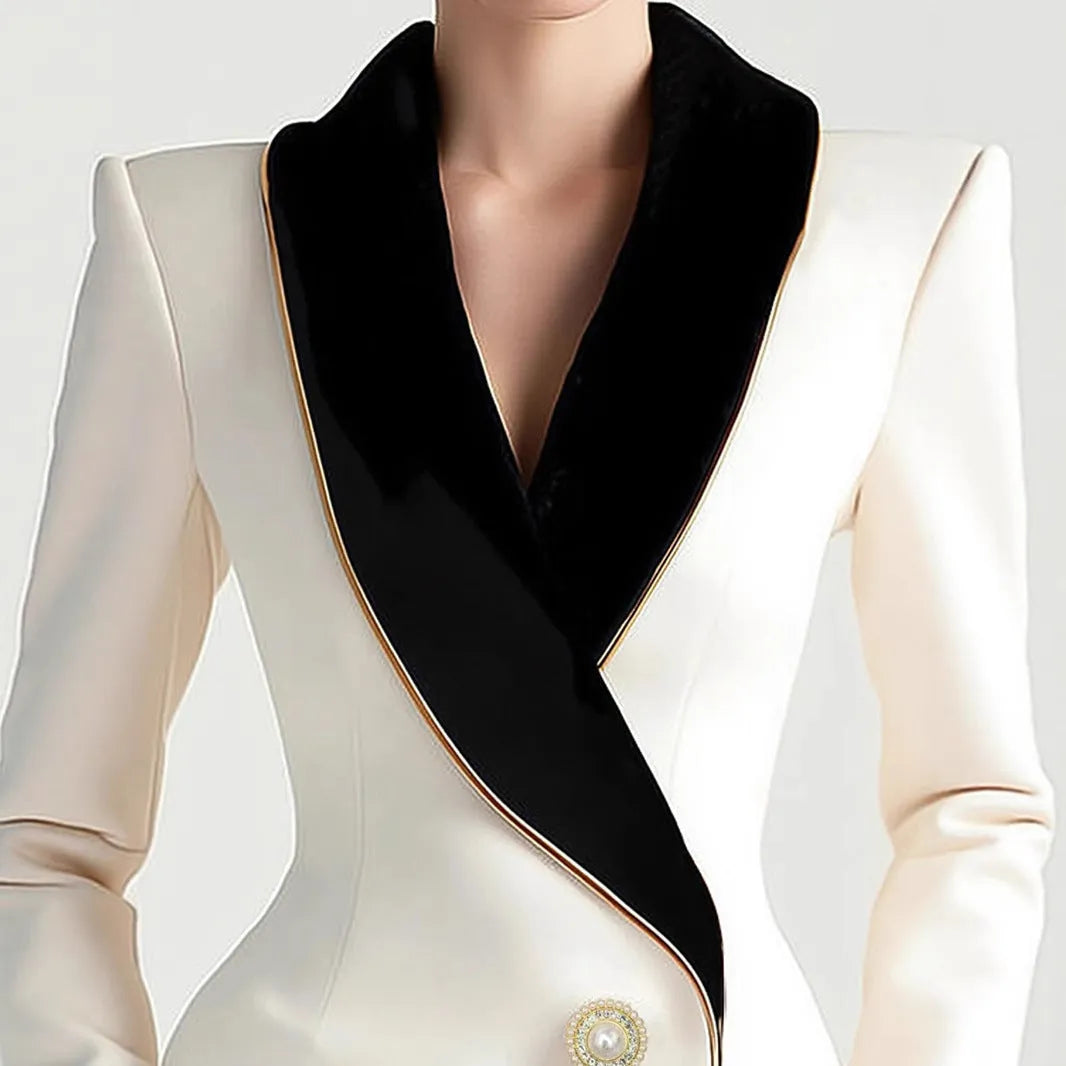 Women's beige irregular hem long sleeve coat with pearl button front fastening