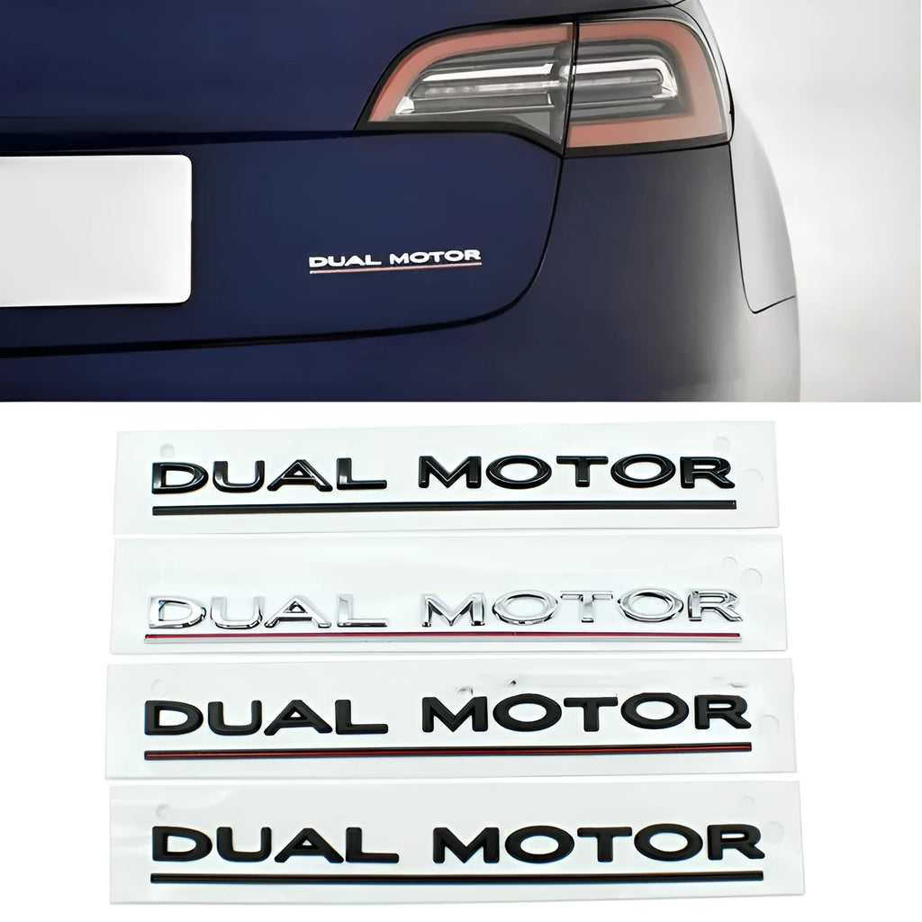 Tesla Model 3 Double Motor bumper decal sticker in ABS plastic, 19cm by 3cm.