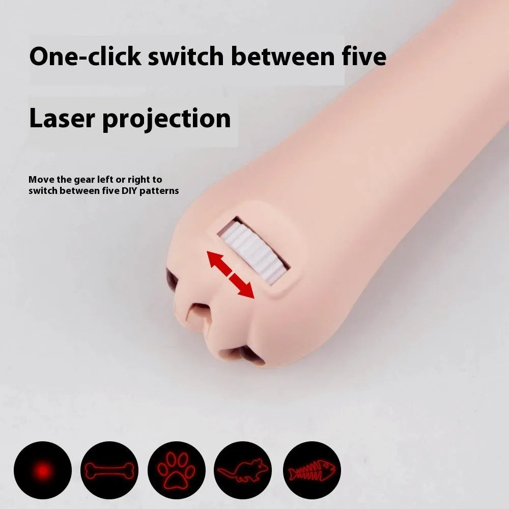 Mini cat laser toy with footprints design showing infrared charging port and teasing stick attachment