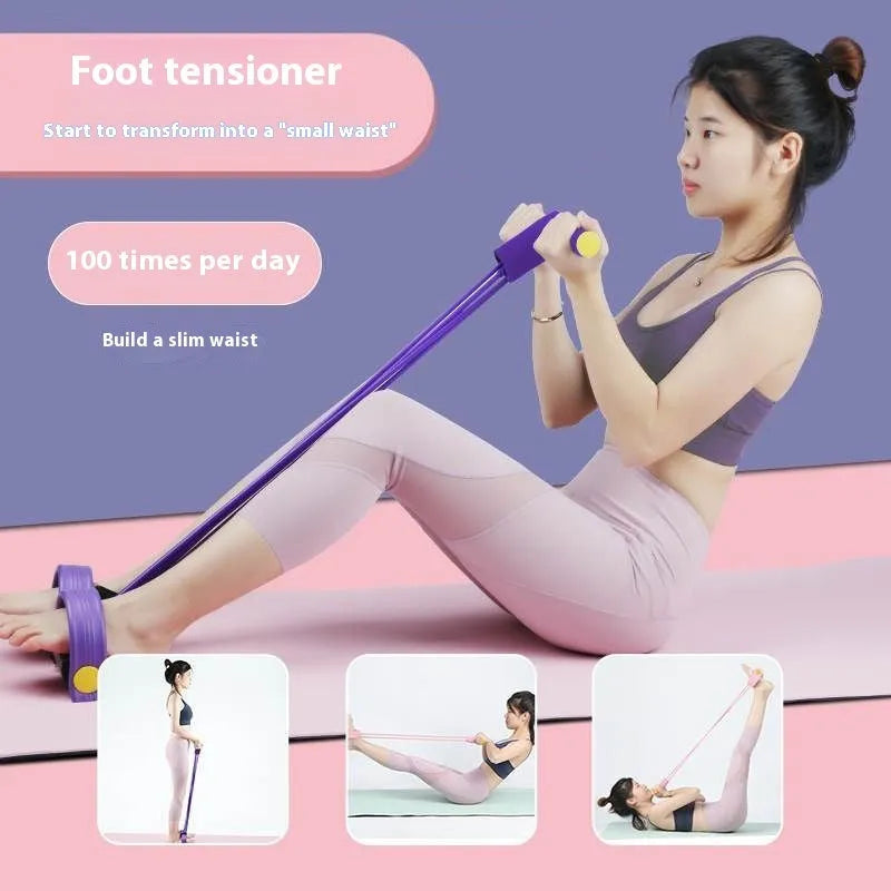 Yoga four-piece fitness set showing leg beauty device, chest expander, yoga ring, and tension rope.