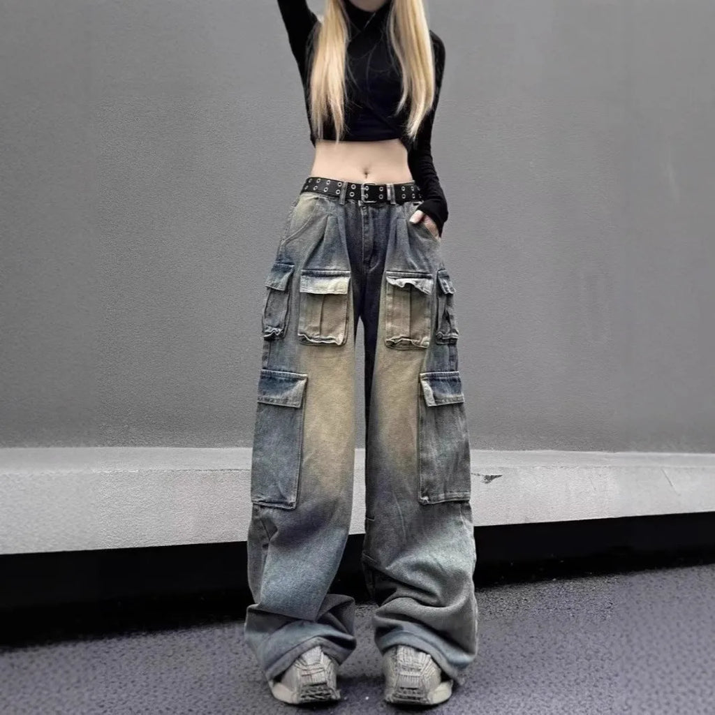 Loose distressed denim pants with multiple pockets in light blue and black colour options
