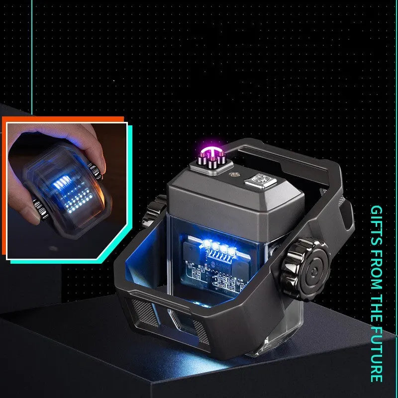 Blue zinc alloy windproof arc lighter with folding design and visible rotary gyroscope mechanism