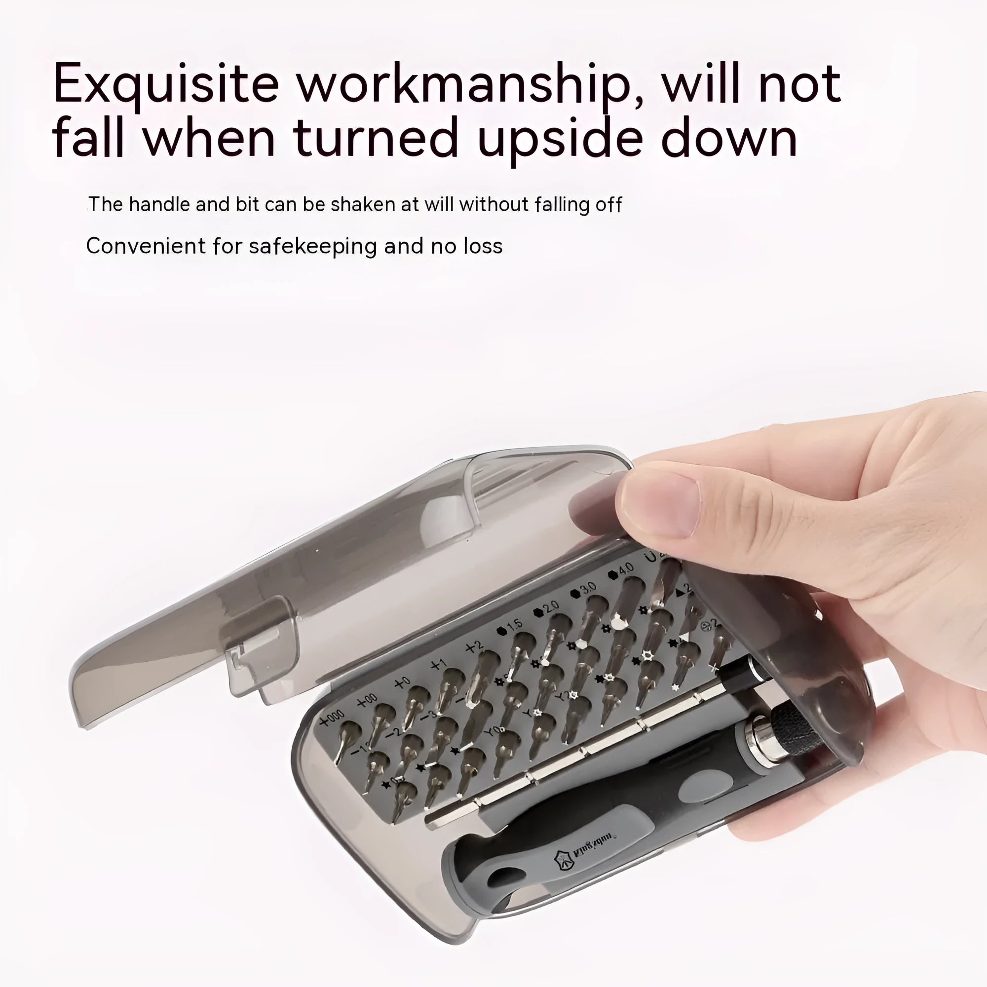 32-in-1 screwdriver set with 30 bits in a black plastic organiser case, featuring a CRV steel driver.
