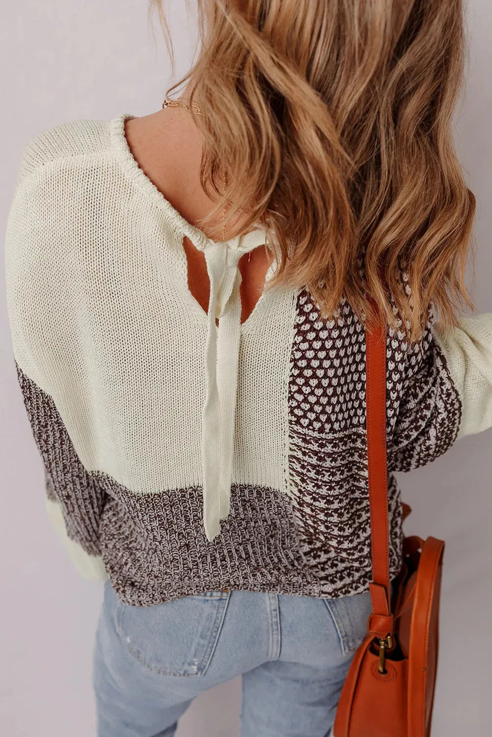 Dark khaki colour block drop shoulder loose sweater with back tie detail