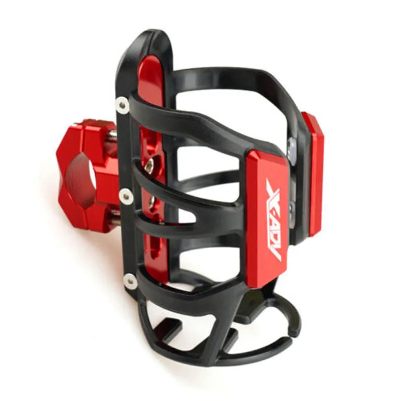 Black water bottle cage mounted on Honda X-ADV scooter bumper with mounting bracket visible