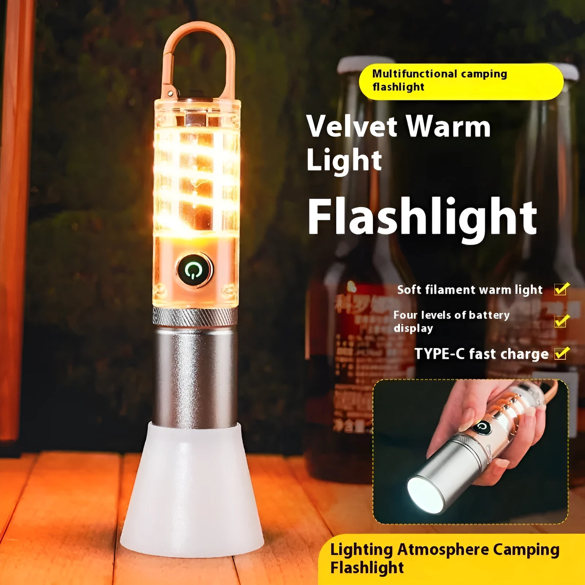 Orange or beige multifunctional flashlight with optical zoom and dual light source