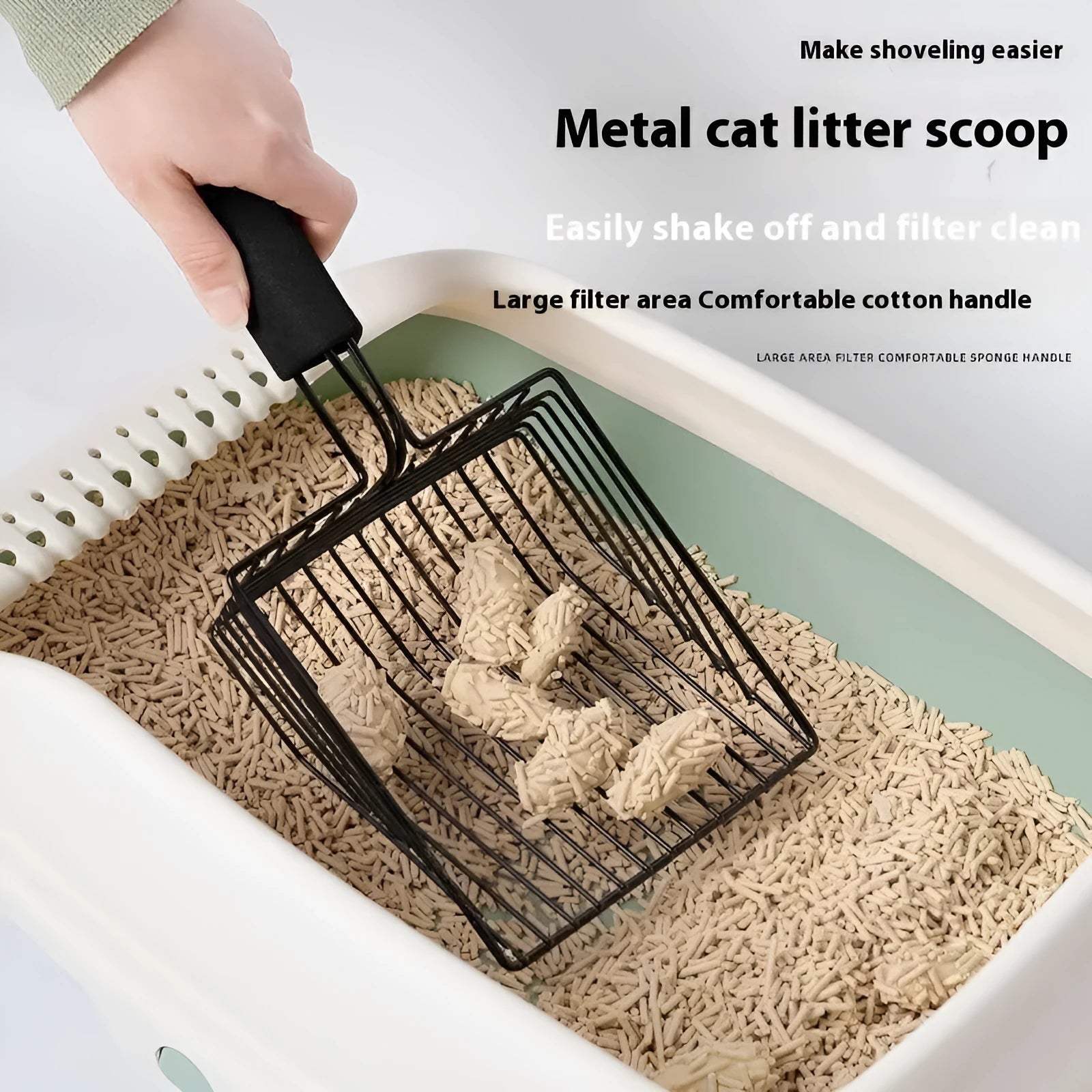 Black alloy metal cat litter scoop with narrow 0.8cm slots for sifting clumping litter.