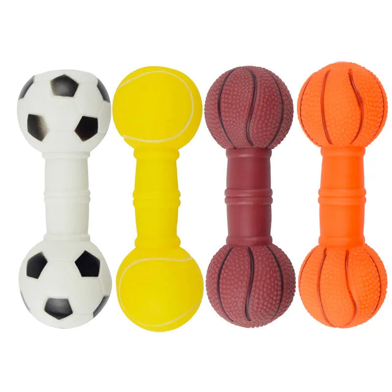 PVC football dumbbell shaped squeaky chew toy for dogs in brown, orange, white, or yellow