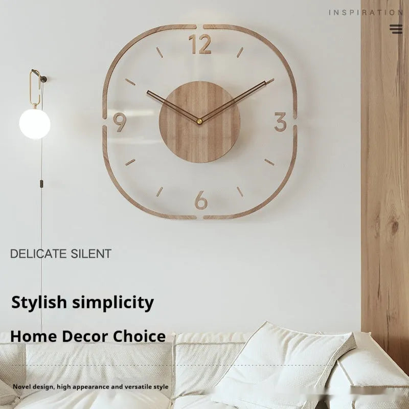 Modern transparent wooden frame wall clock showing 35cm square dimensions