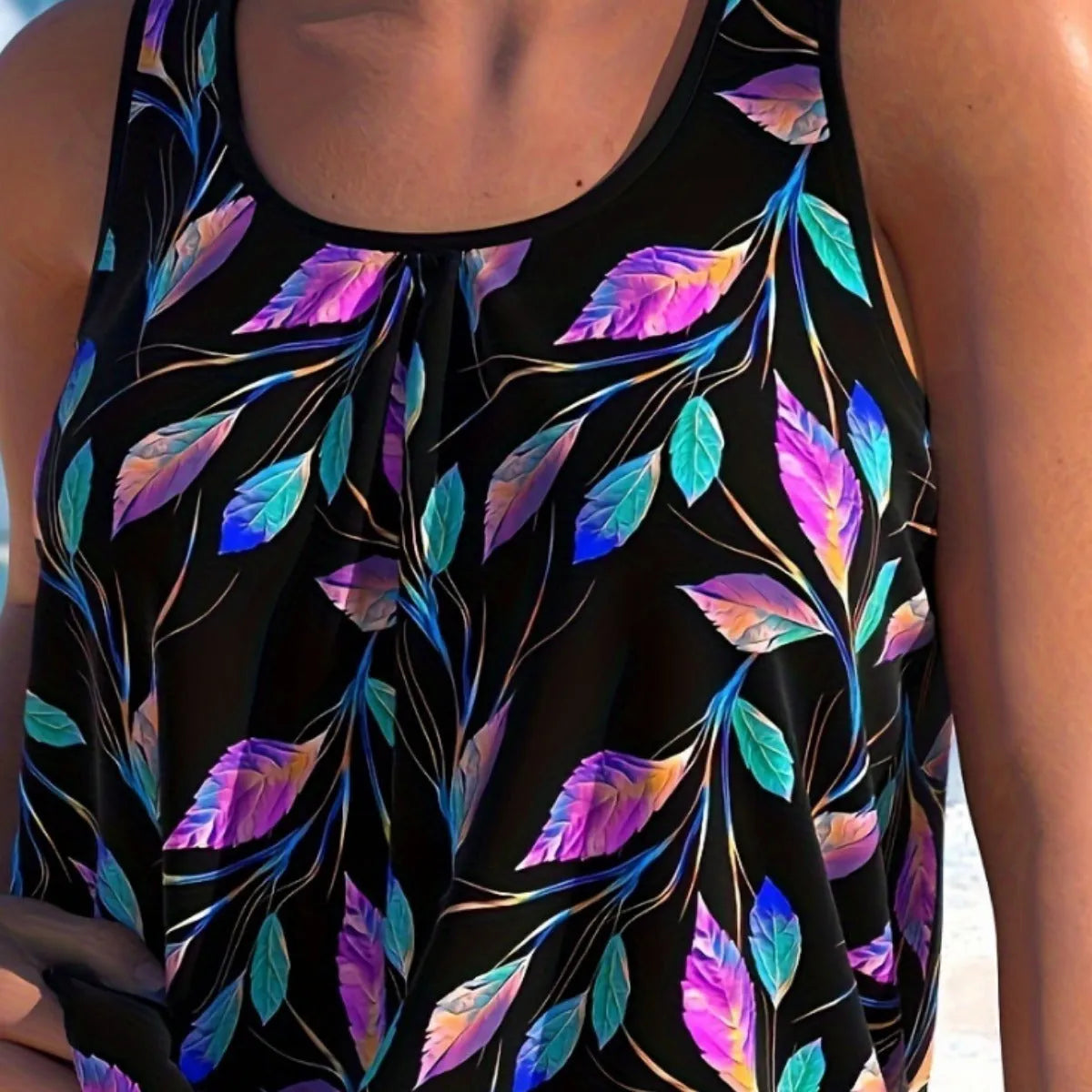 Women's green leaf print halter neck swimsuit top and matching shorts plus size swimwear set