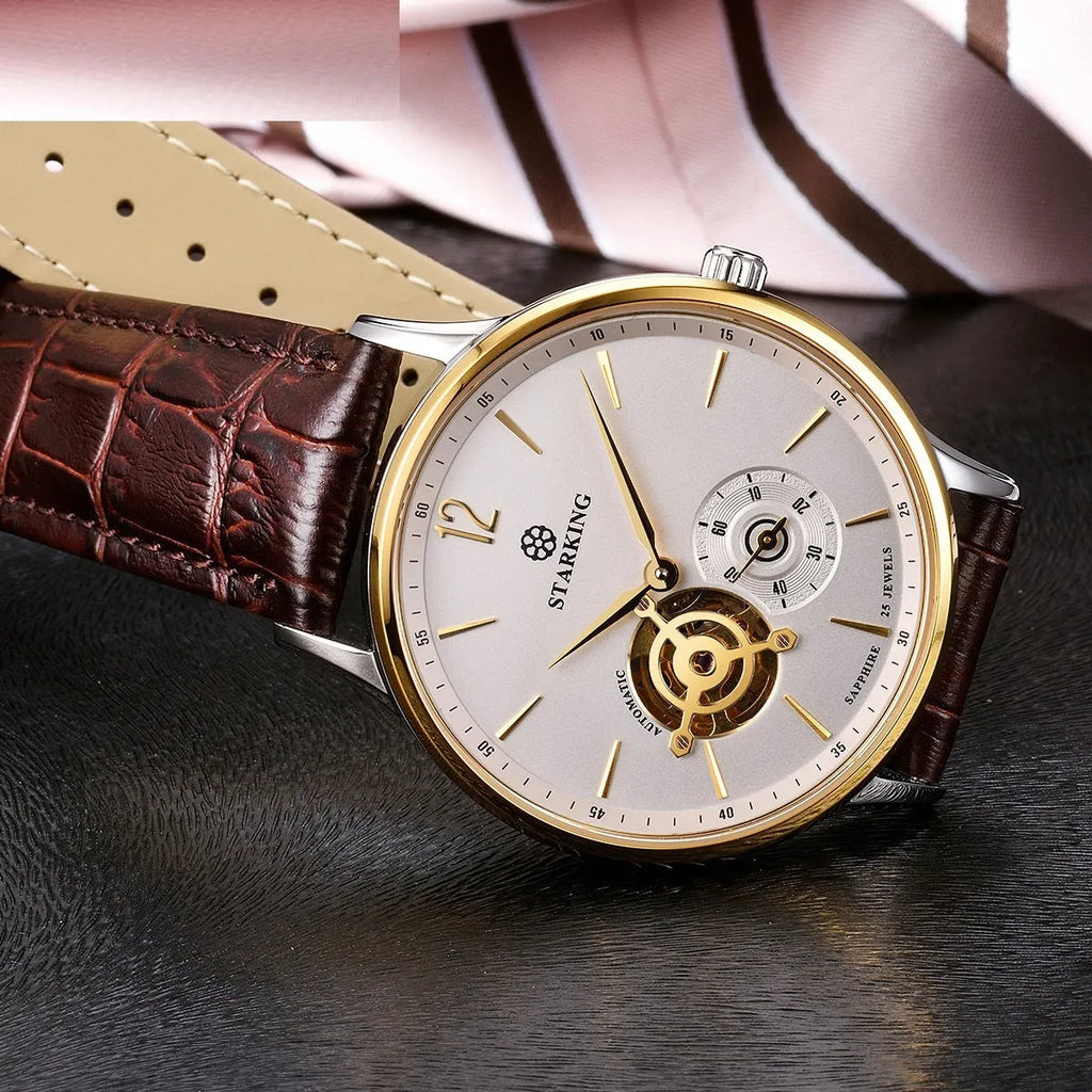 Automatic mechanical men's business watch with hollow dial and brown leather strap