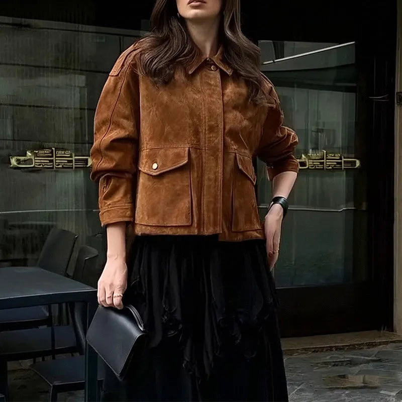 Women's brown suede-style polyester coat with regular sleeves for streetwear fashion