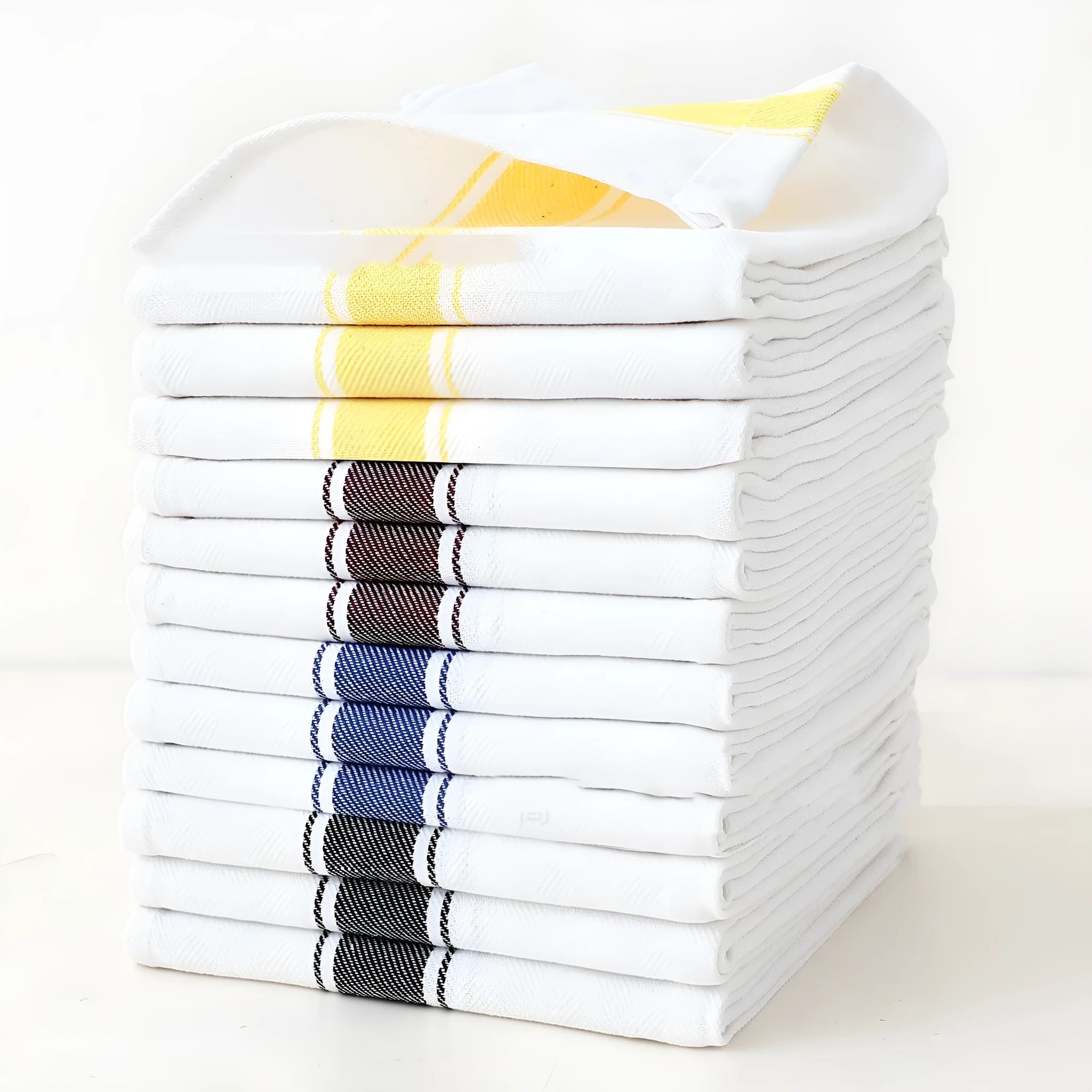Set of twelve striped cotton dish towels in various colours, each measuring 48 by 70 centimetres.