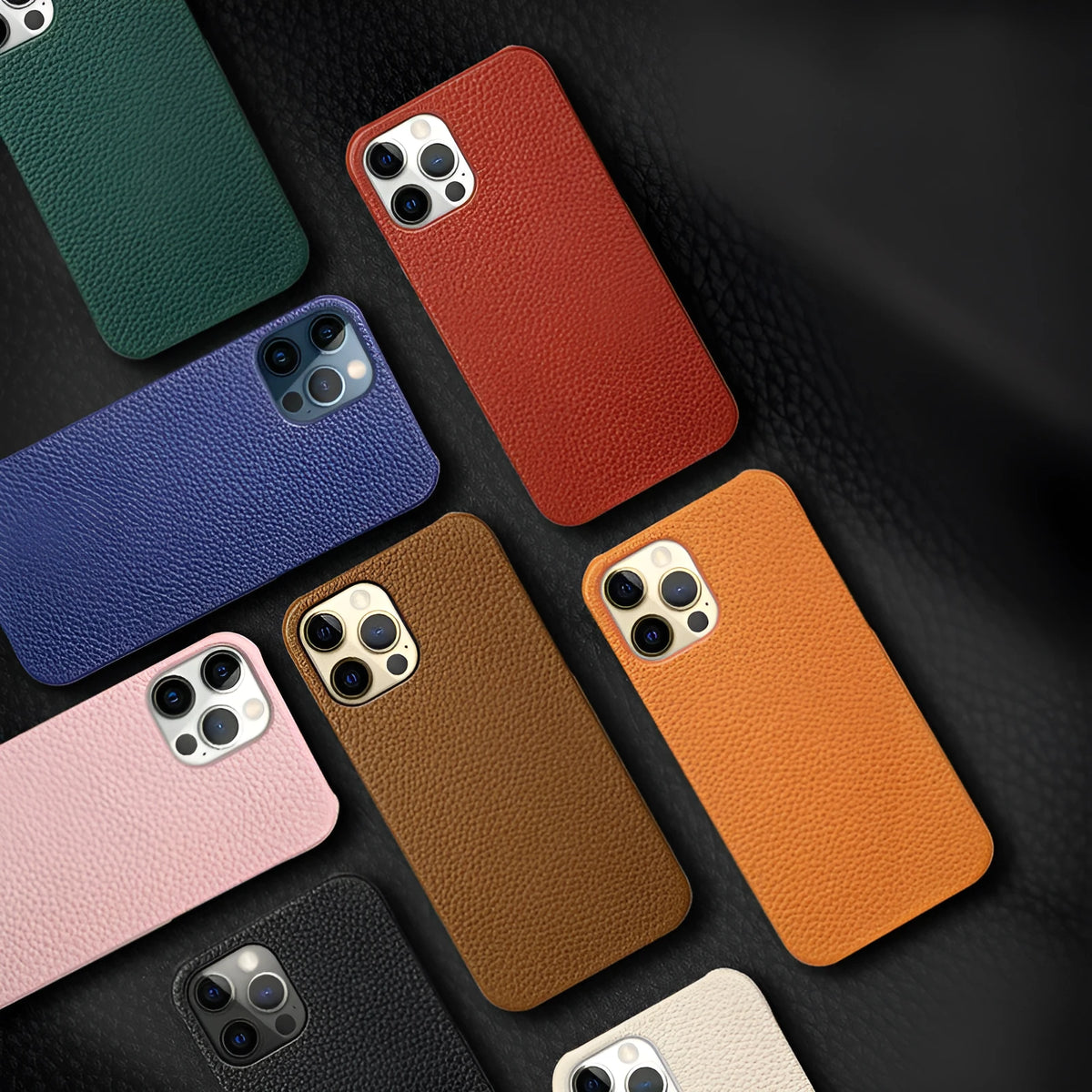 Brown genuine leather iPhone case with half-split design on iPhone 14 Pro