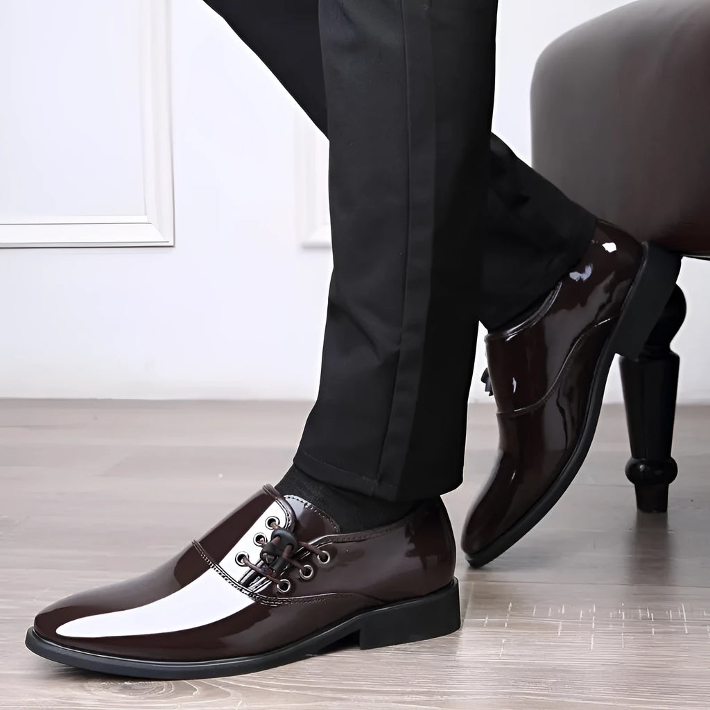 Men's black and brown formal business shoes with square heel and round toe.