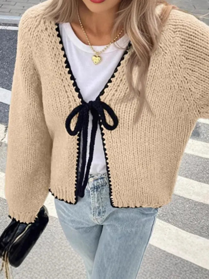 Gray lace-up sweater cardigan with crocheted flower decorations and loose long sleeves