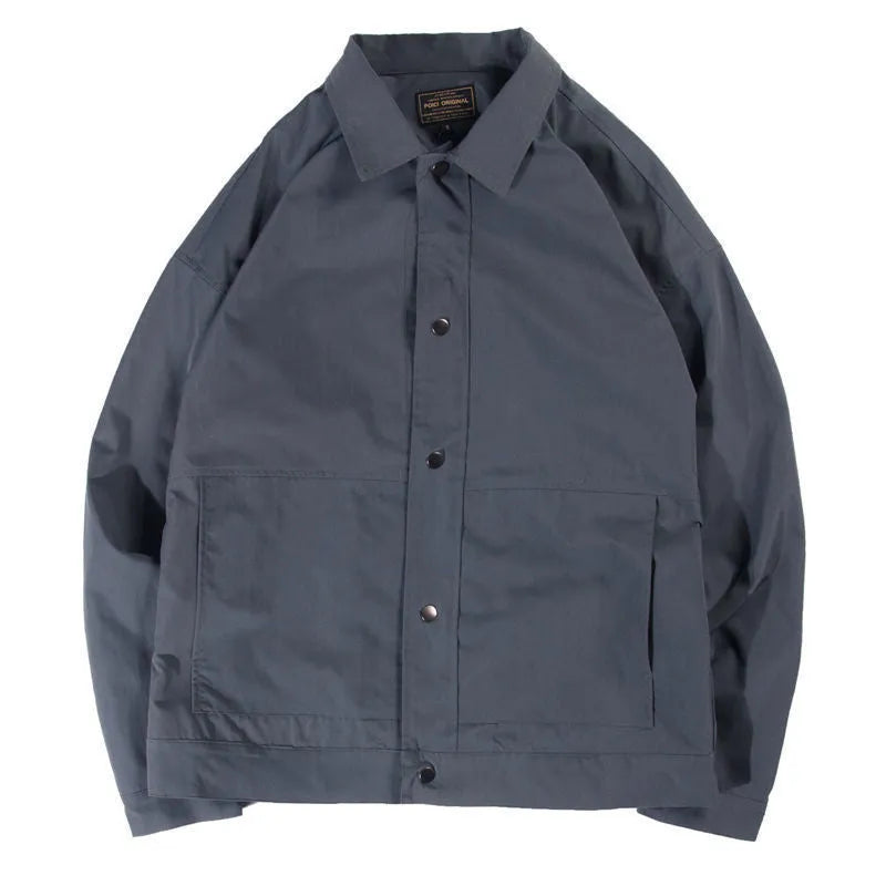 Men's single-layer Korean style jacket in black, blue gray, green gray, and light gray with long sleeves