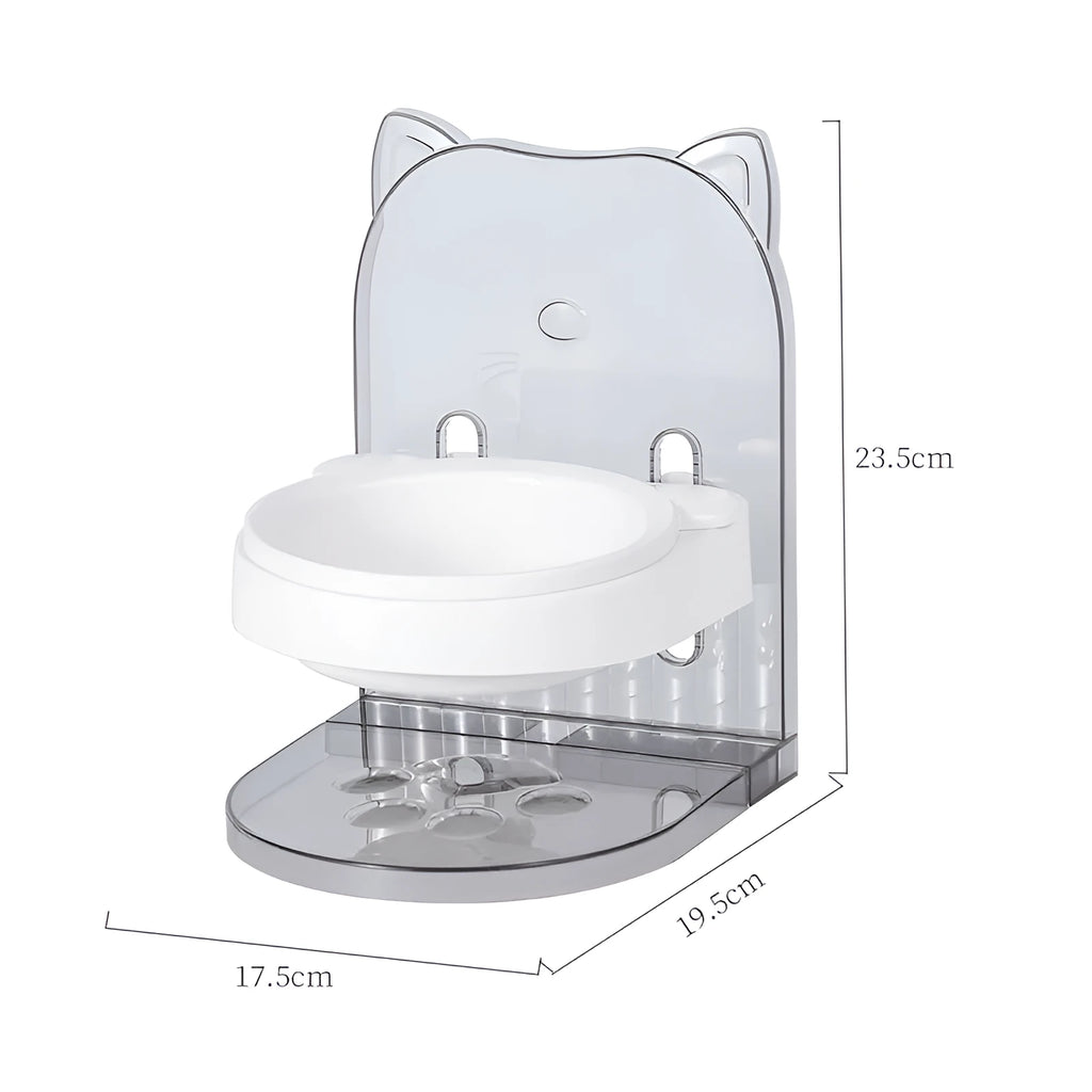 Grey adjustable height cat feeding bowl with anti-spill design and removable hanging cage
