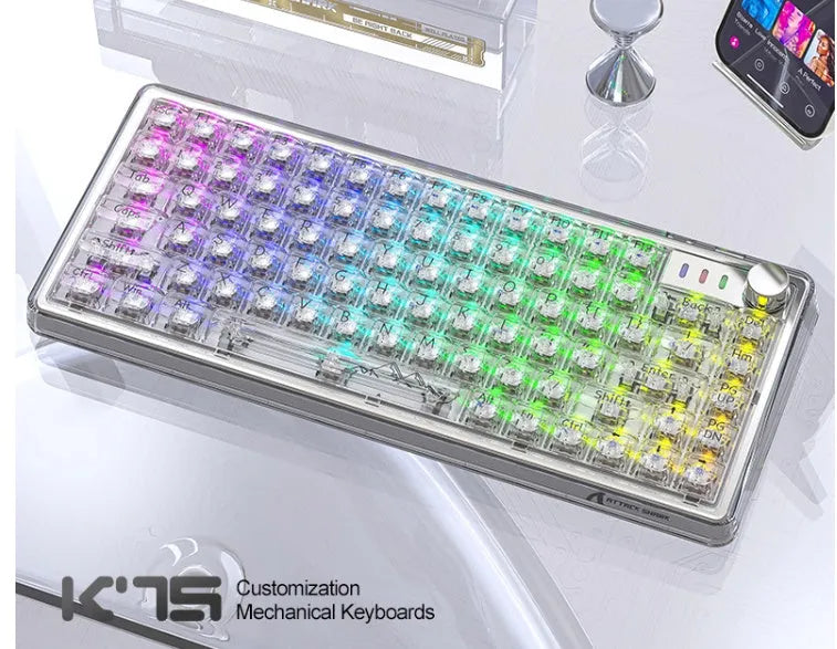 Attack Shark K75RGB white transparent wireless mechanical keyboard with RGB lighting on a desk.
