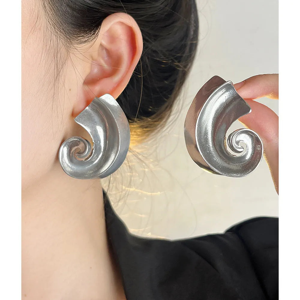 Gold and silver retro geometric ear studs with 5cm alloy construction and electroplated finish