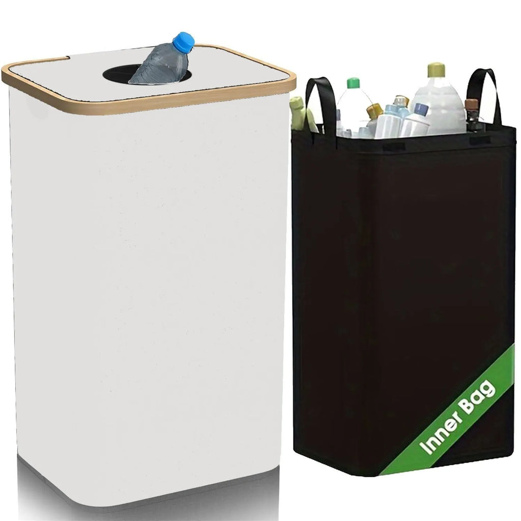 Black bamboo laundry basket with removable lid, ventilation holes, and two inner pockets.