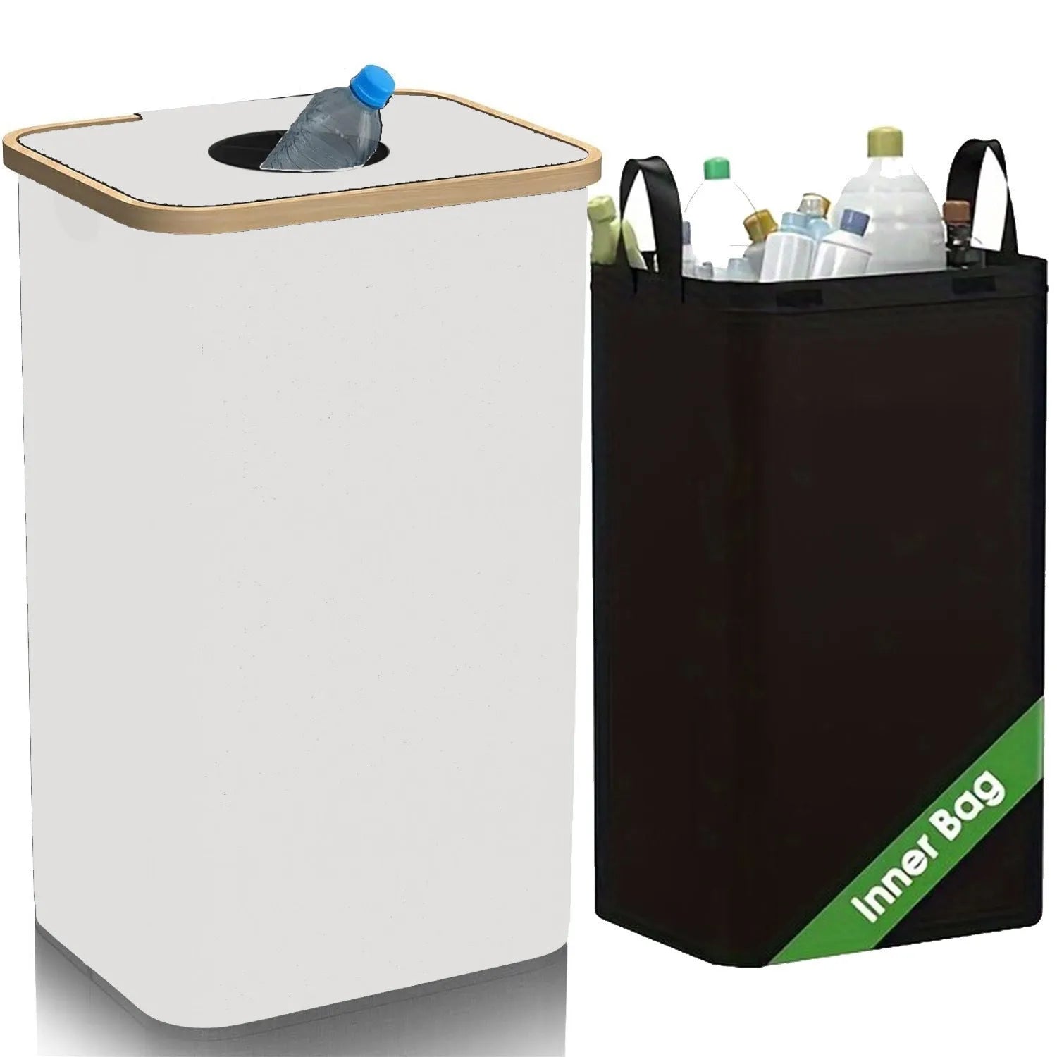 Black bamboo laundry basket with removable lid, ventilation holes, and two inner pockets.