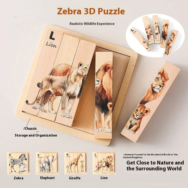 Wooden 3D puzzle panel for early childhood education with African animal or owl four-sided design