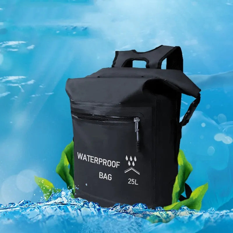 Black 25L waterproof backpack for outdoor water activities