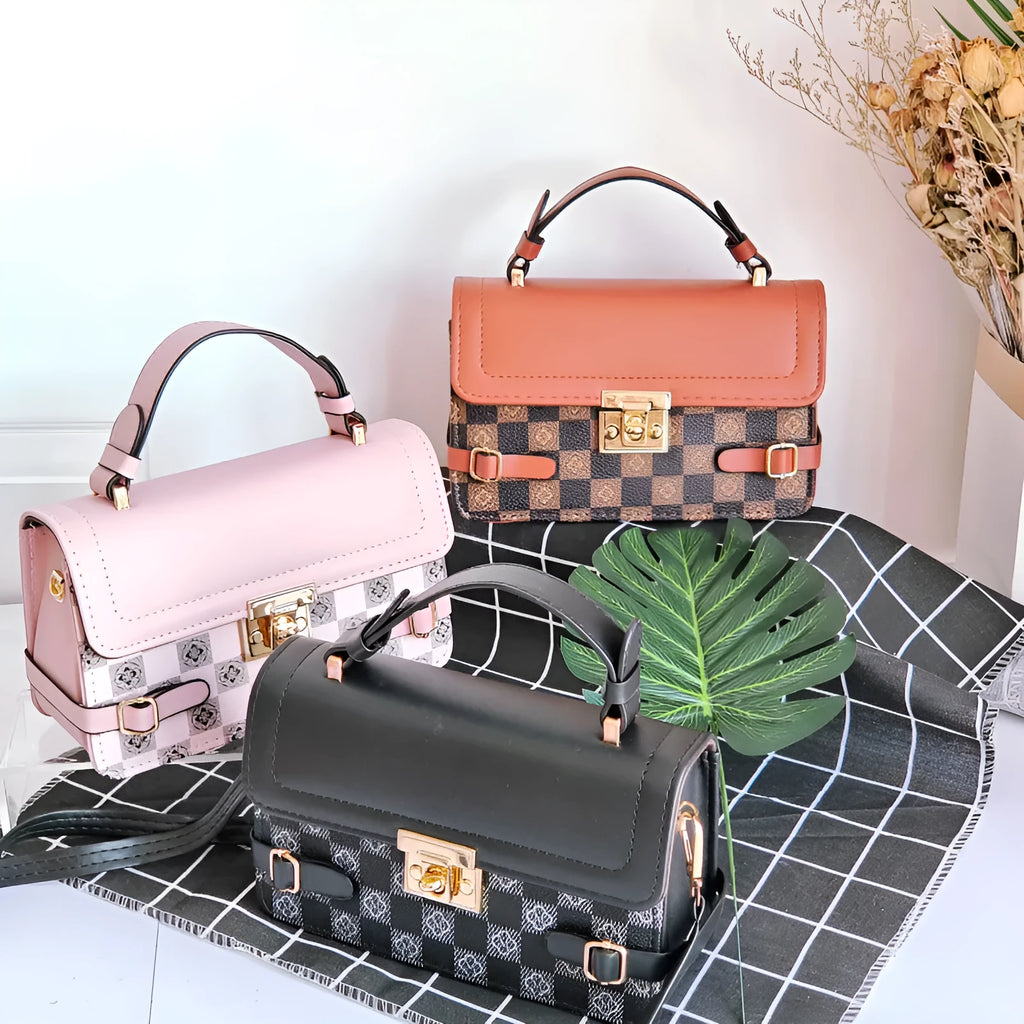PU leather crossbody bag with small square ethnic pattern design showing file bag interior organisation