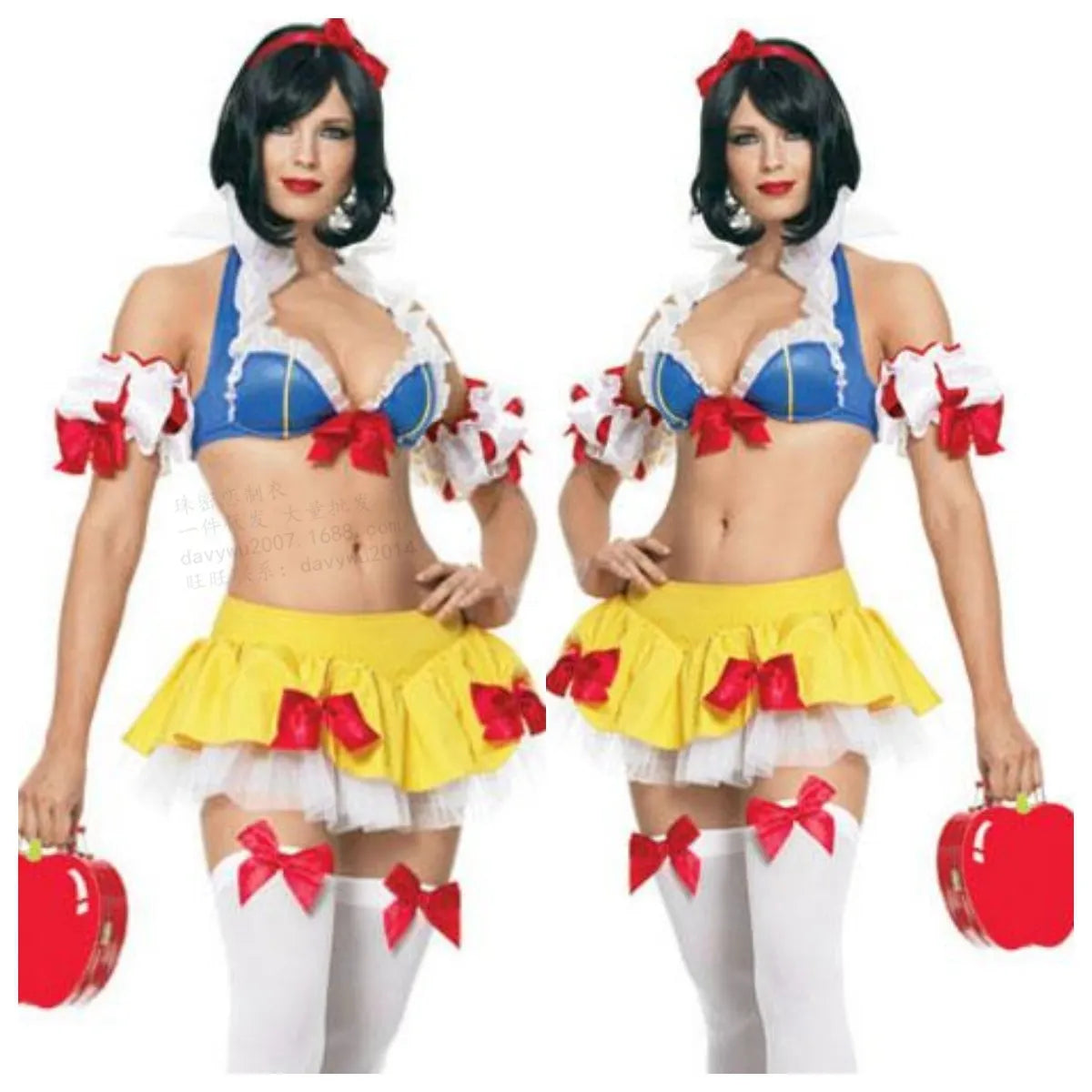Anime Snow White Halloween costume set showing headdress, top, short skirt, and sleeves on a mannequin.
