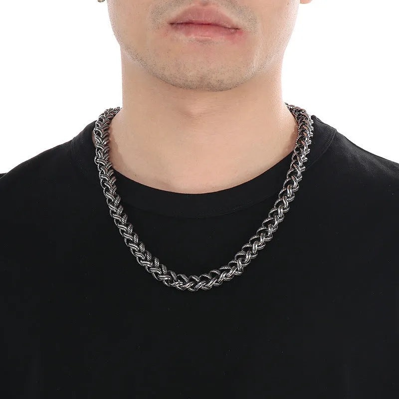 Men's antique silver keel chain necklace with geometric titanium steel links and hemp flower design