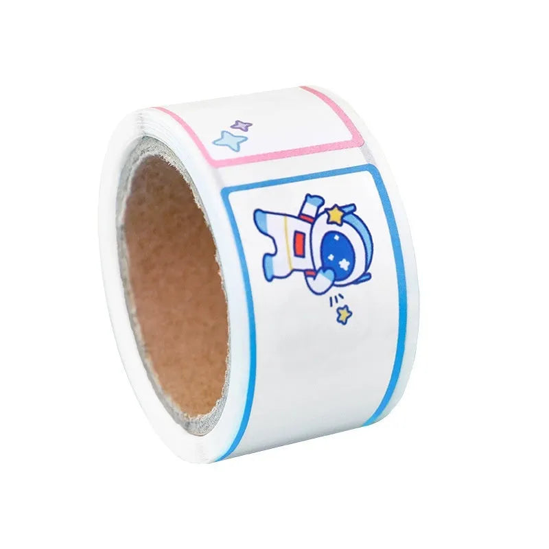 Roll of colourful cartoon message index stickers showing dinosaur, astronaut, rabbit, and girl designs.