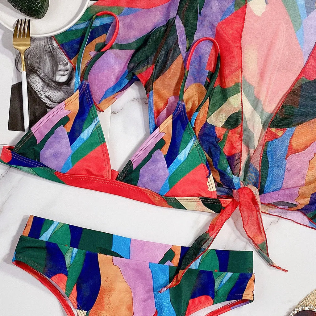 Red printed split swimsuit for women with triangle bikini design