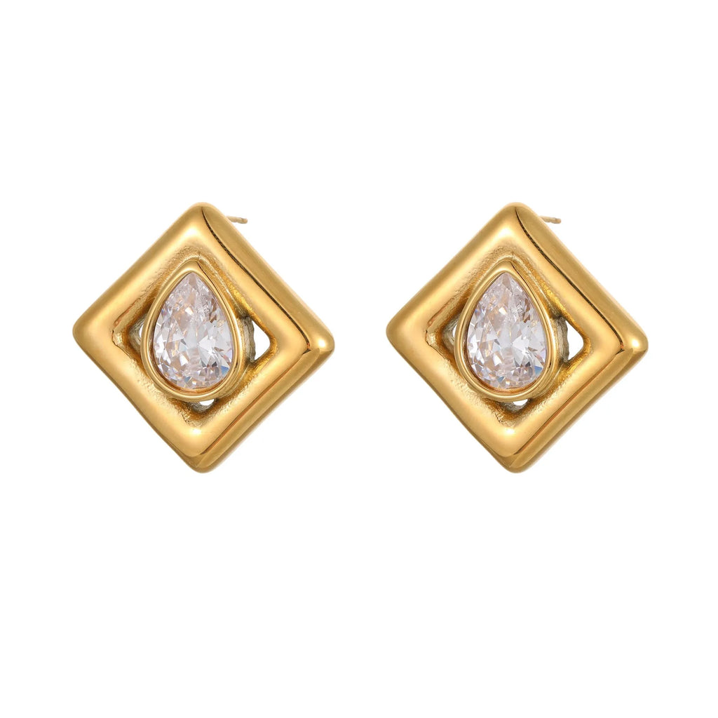 Gold-coloured geometry stud earrings with inlaid water drop zircon stones on a stainless steel base.
