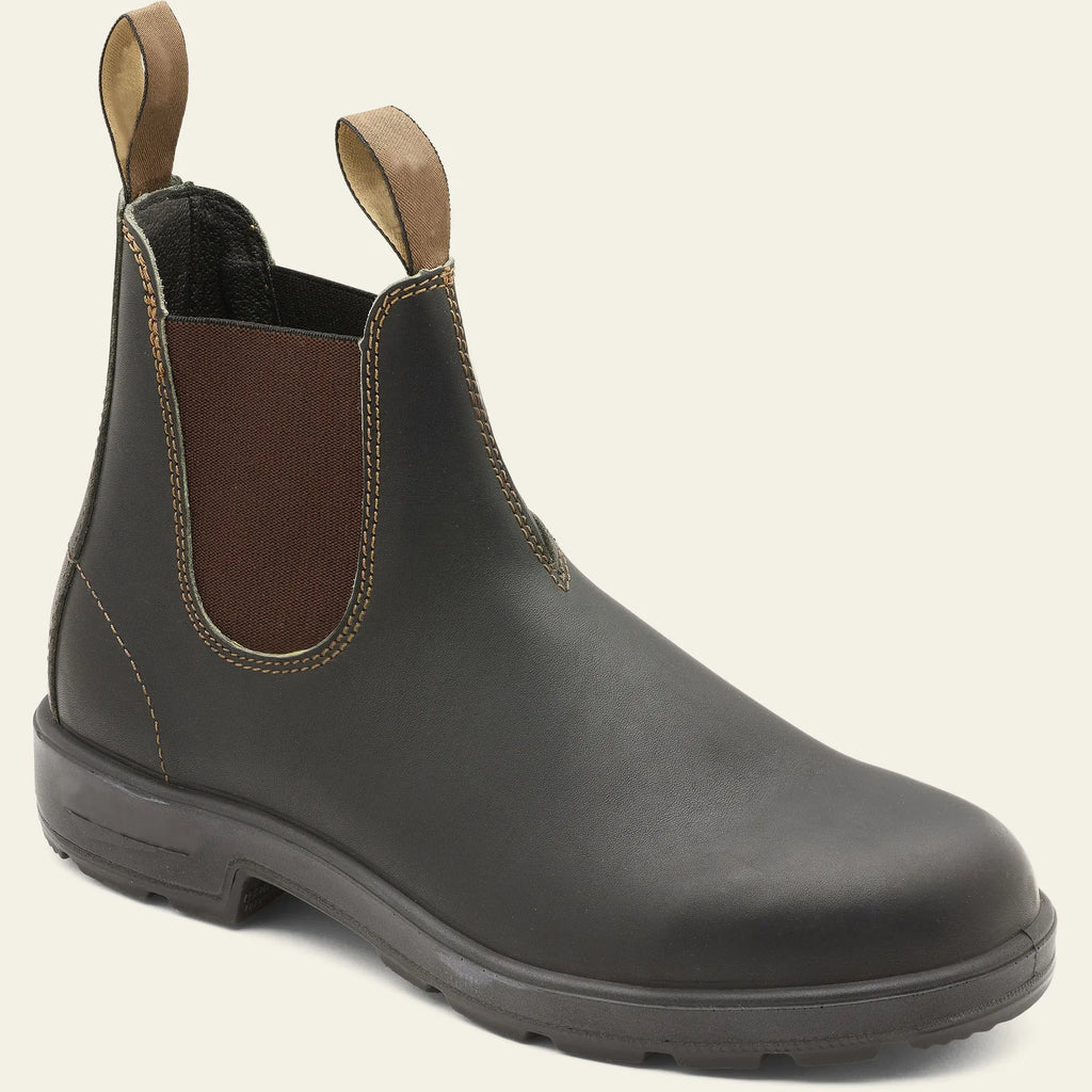 Vintage unisex Chelsea boots in frosted PU leather with beef tendon sole, showing round toe and car suture detail