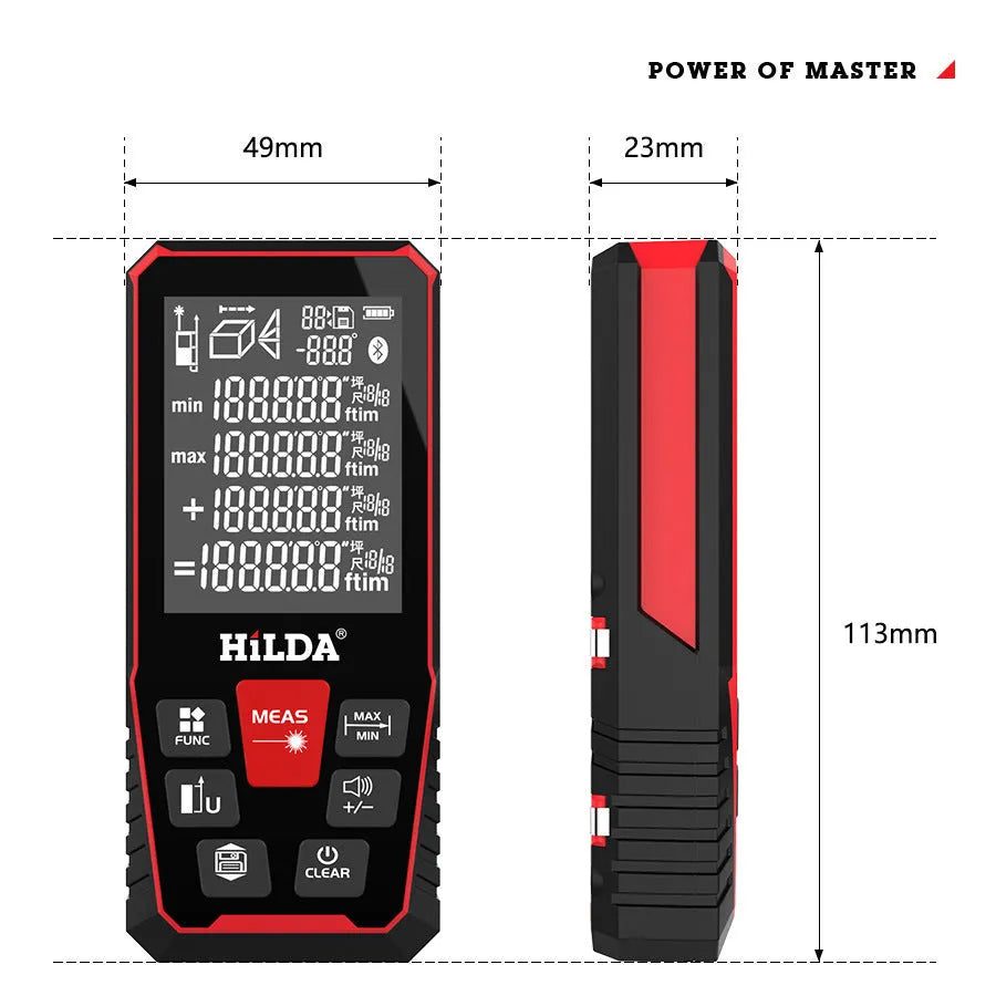 Handheld black laser rangefinder with digital display for measuring distances up to 120 metres.
