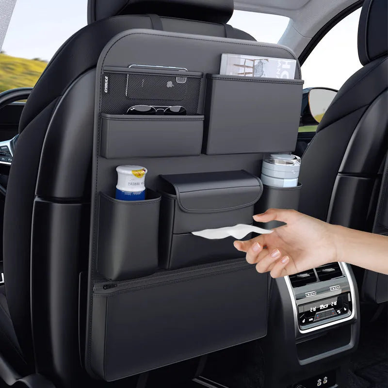 Black leather car seat back hanging storage bag with a handle, shown in large and small sizes for buggy organisation.