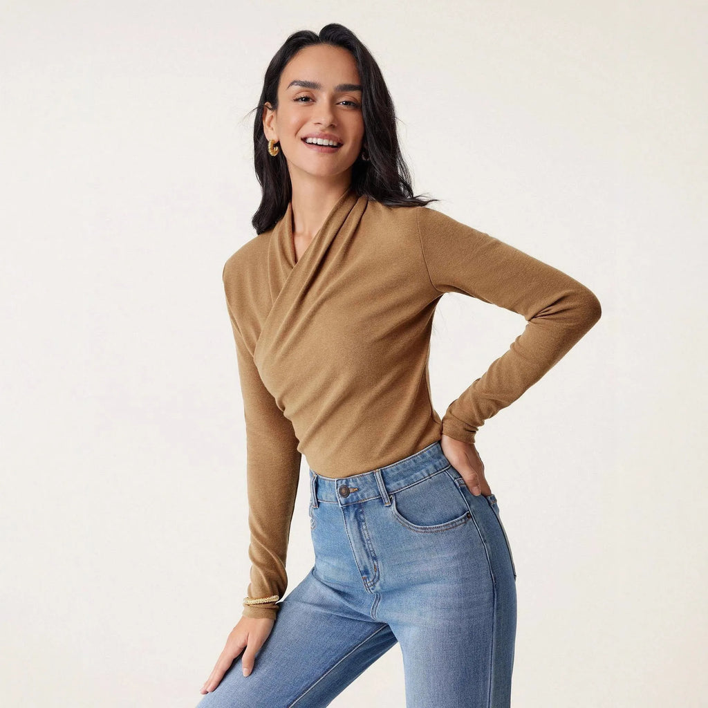 Camel coloured women's slim fit pullover sweater with long sleeves