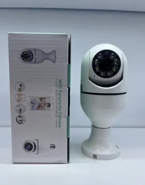White wireless bulb security camera with lens, shown next to a ruler indicating 5cm width and 12cm height.