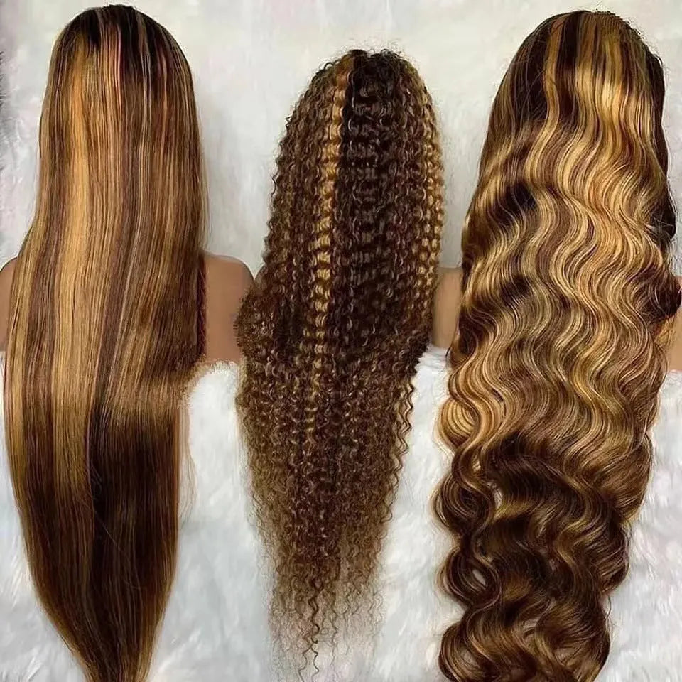 Front lace wig with African black gradient colour and big wave curls, shown with a side-swept fringe.