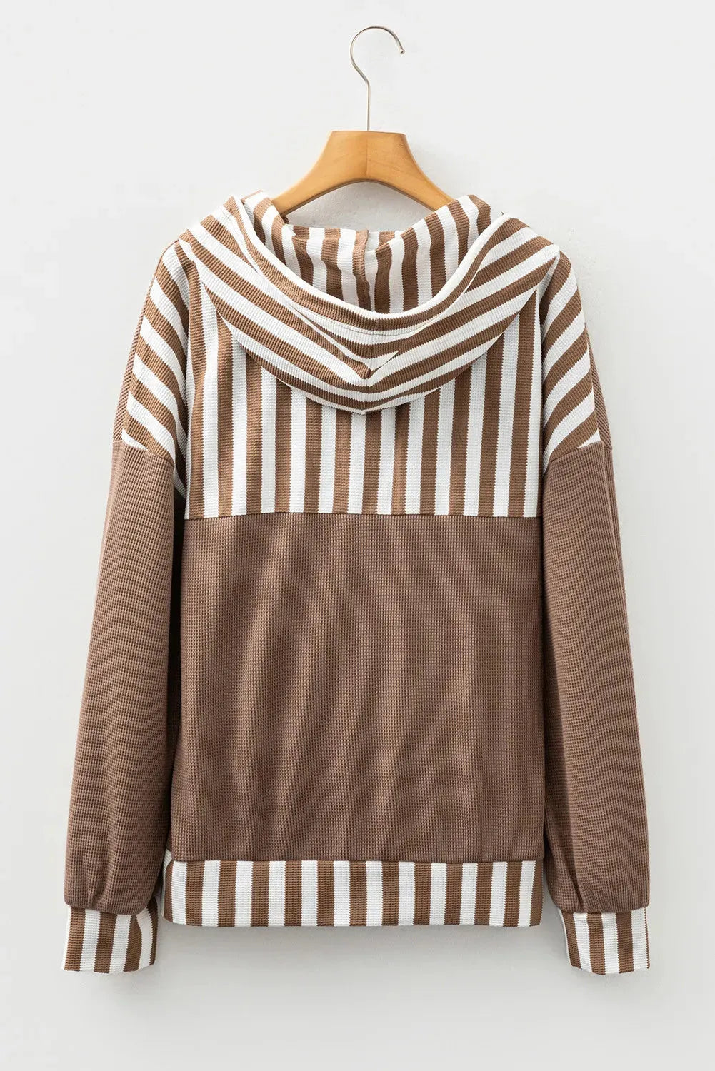 Straw yellow women's hoodie with waffle texture, striped patchwork, button neck, and drawstring waist.