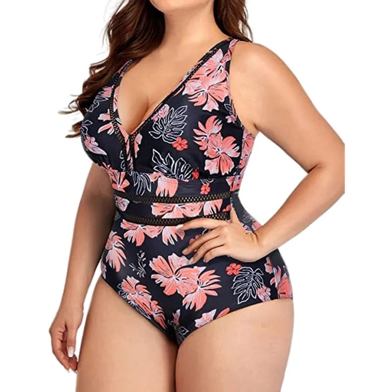 Black plus size women's bikini with a printed pattern, made from polyester mesh fabric.