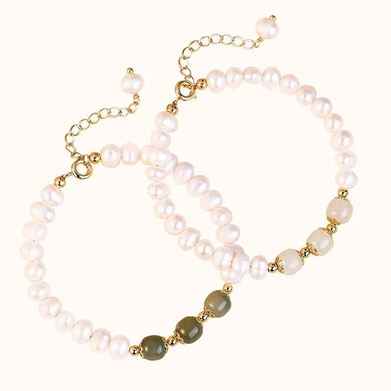 Korean style freshwater pearl bracelet with diamond-shaped electroplated beads in Hetian jade colour