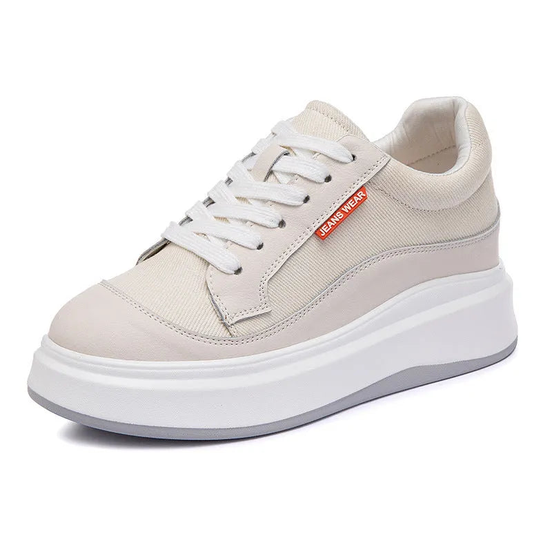 Women's pink and beige leather board shoes with thick height-increasing soles, shown in sizes 31-40.