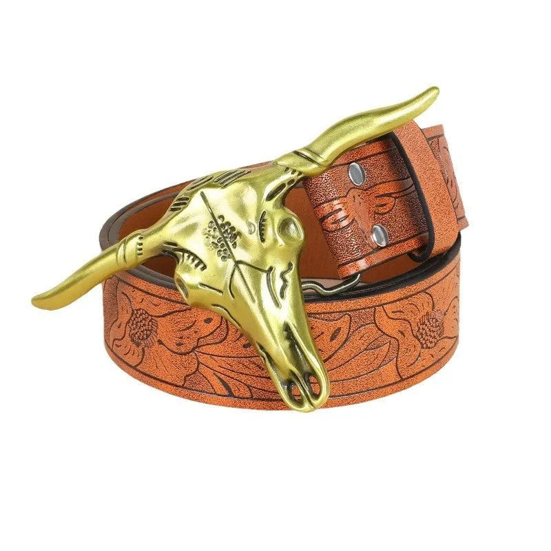 Men's black belt with detailed alloy cow head buckle showing carved and embossed design on imitation leather strap
